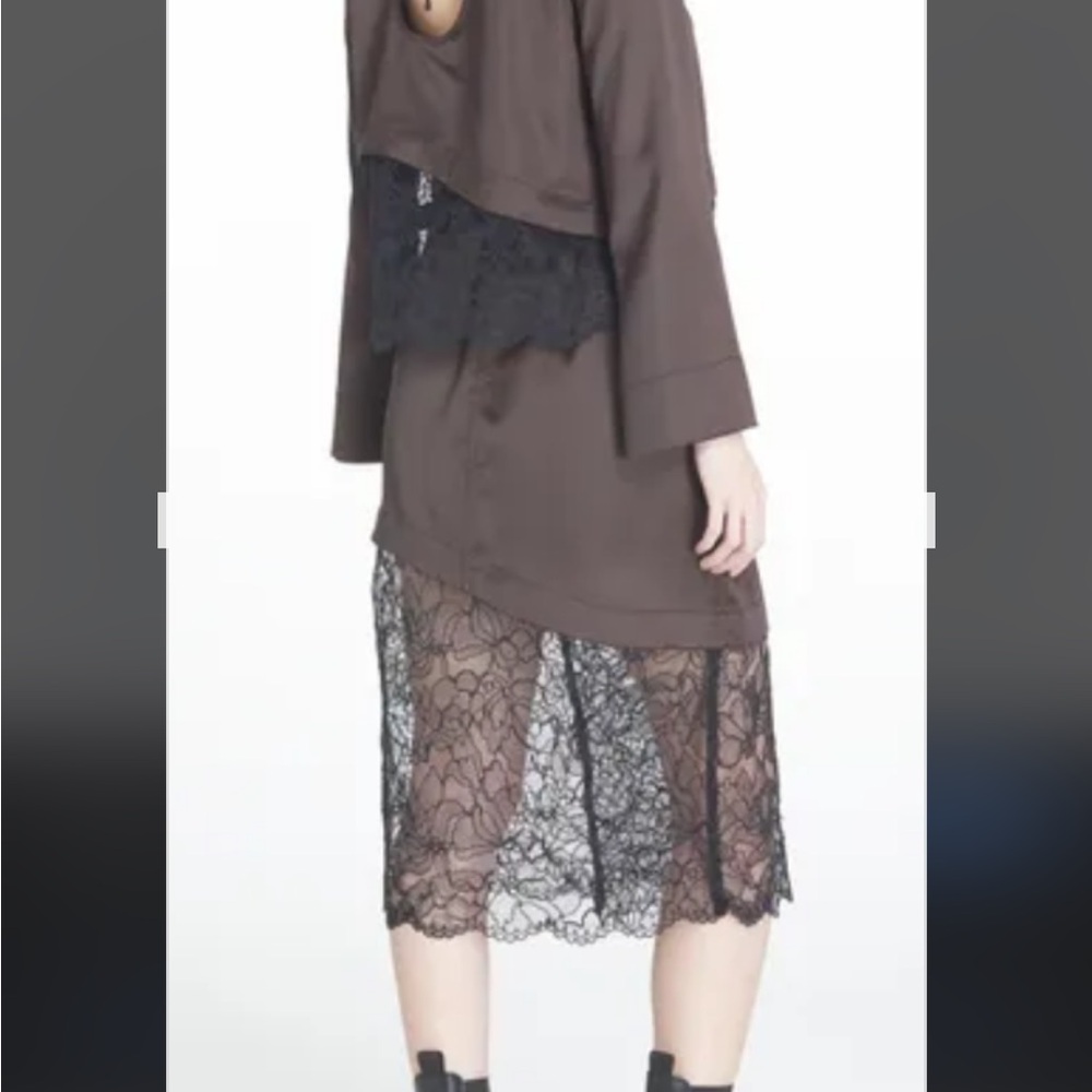 GANNI Elegant Brown Silky Blouse with Black Lace design.